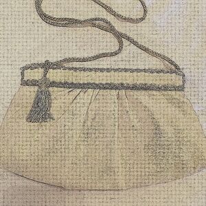 Elegant vintage Cream Satin Bag with beading and silk cord strap. Measures 6x10"